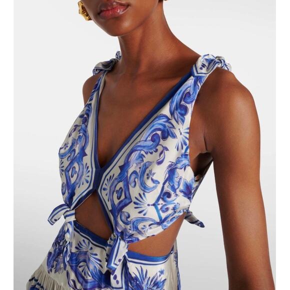 New! Farm Rio Women's Garden Tiles Cutout Blue and White Maxi Dress Size XL #37 - Picture 3 of 6